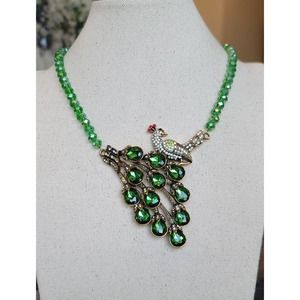 Designer Austrian Crystal Peacock Green Emerald and Gold Statement Necklace